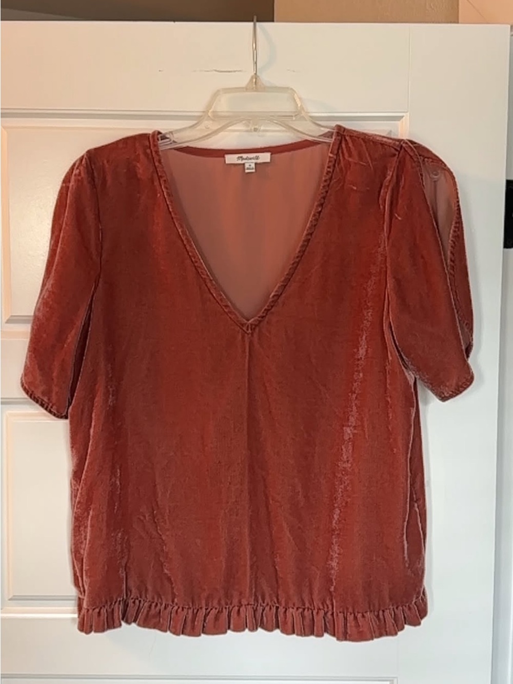 Madewell Rust Velvet V-Neck Puff Sleeve Blouse